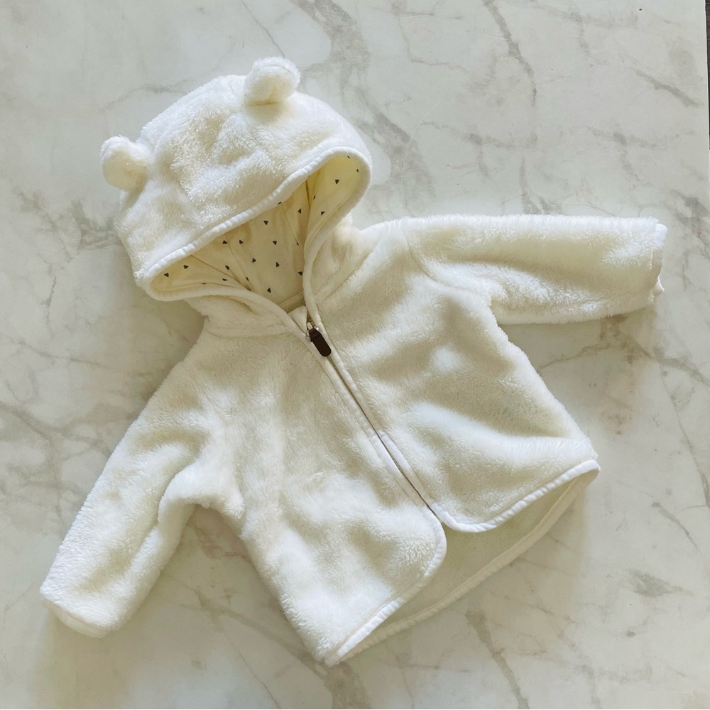 H&M Cream Fleece Baby Jacket With Bear Ears Hood